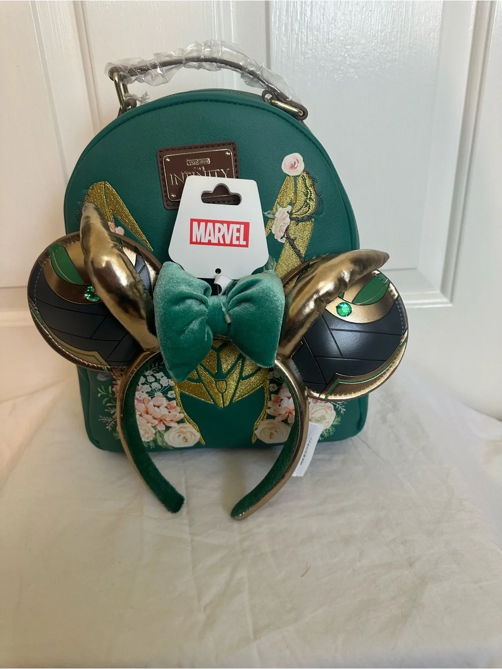 Loungefly Green & Gold Loki Floral Mini Backpack with Ear Headband